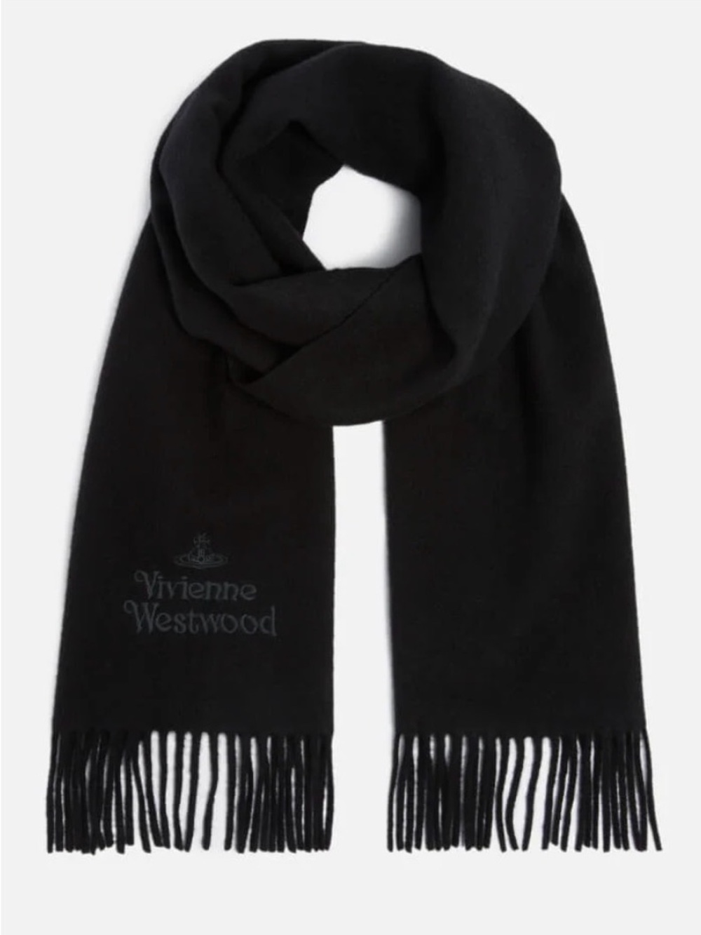 Vivienne Westwood Black Wool Fringed Logo Scarf